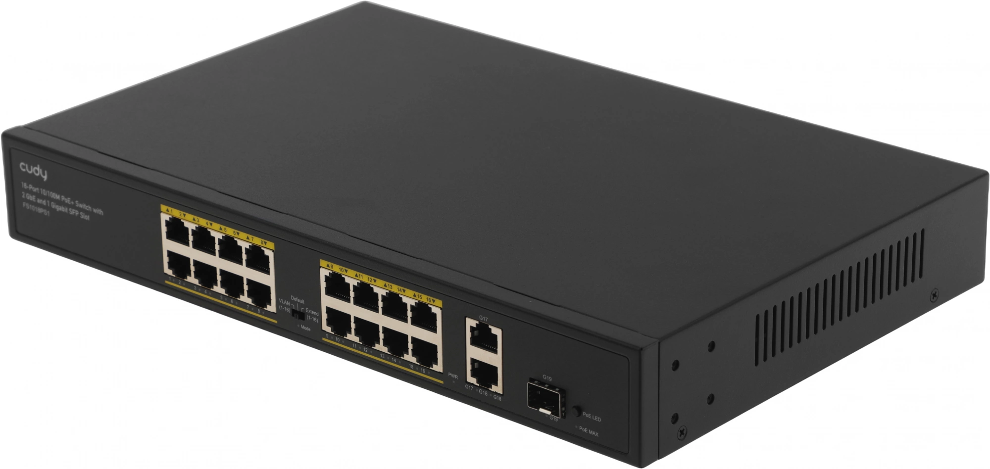 Коммутатор CUDY 16-Port 10/100M PoE+ Switch with 2 Gigabit Uplink and 1 SFP Port 200W 16-Port 10/100M PSE RJ-45 +2 Gigabit RJ- 45 +1SFP Port with 16 POE Ports Switch with Built-in power supply, support 16-port IEEE 802.3at PoE+ Injector