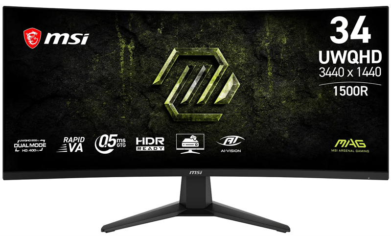 Монитор MSI MAG 346CQDF E20 34" 21:9 UWQHD(3440x1440) Rapid VA Curve 1500R, 4000:1, 0,5ms(GTG), 100M:1,300nits,2xHDMI,DP,Tilt,IntPower,VESA,UWQHD:200Hz HD:400Hz,Black,1y w-ty