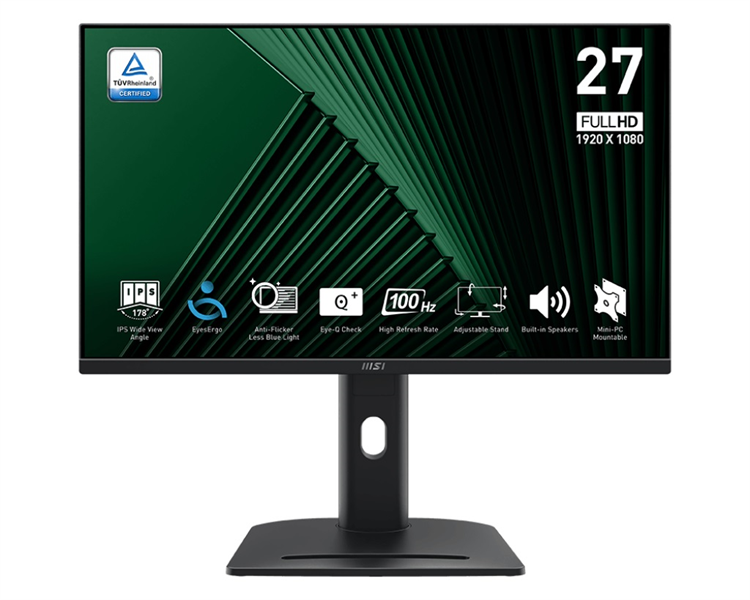Монитор MSI PRO MP275PG 27" 16:9 FHD(1920x1080), IPS Flat, 1ms(MPRT), 1300:1, 100M:1, 300nits, 178/178, HDMI 1.4b, DP 1.2a, VGA, Speaker, Tilt, Swivel, Height, Pivot, 100HZ, Black, 1y war-ty