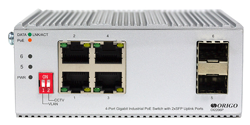 Коммутатор ORIGO Промышленный неуправляемый PoE-коммутатор, 4x1000Base-T PoE, 2x1000Base-X SFP, PoE-бюджет 120 Вт, защита от статического электричества до 4 кВ, -40..75°C