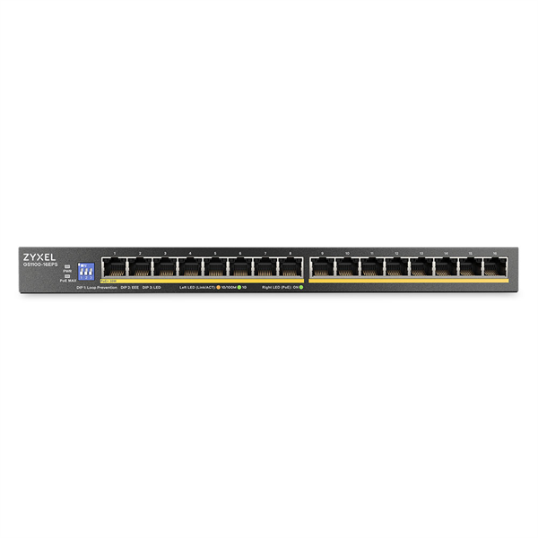 Коммутатор Коммутатор Zyxel GS1100-16EPS, 16xGE PoE+, DIP-switch, настольный, бесшумный, бюджет PoE 135 Вт Коммутатор Коммутатор Zyxel GS1100-16EPS, 16xGE PoE+, DIP-switch, настольный, бесшумный, бюджет PoE 135 Вт
