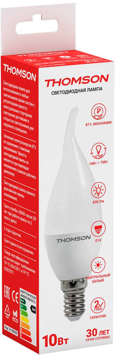 Лампа светодиодная Thomson TH-B2030 10Вт цок.:E14 свеча 220B св.свеч.бел.нейт. Tail Candle (упак.:1шт)