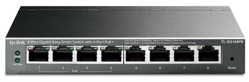  TP-Link 8-портовый гигабитный Easy Smart PoE-коммутатор, 8 гигабитных портов RJ45, 4 порта с поддержкой PoE, поддержка 802.3af, бюджет PoE до 55 Вт, стальной корпус