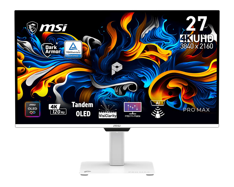 Монитор MSI PRO MAX 271UPXW12G 26,5" QD-OLED 16:9 UHD(3840x2160)Flat,0,03ms(GTG),1500:1,250nit,2xHDMI,DP,USB Type-C,Speaker,Tilt,Swivel,Height,Pivot,120Hz,White,1y w-ty