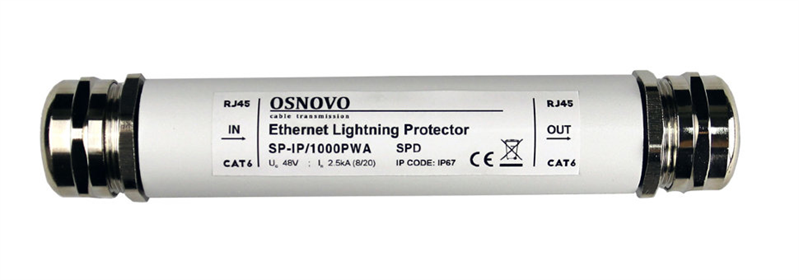Устройство грозозащиты OSNOVO SP-IP/1000PWA Уличное устройство грозозащиты для локальной вычислительной сети (скорость до 1000 Мб/с) с защитой линий PoE (af/at, методы A + B, контакты 1/2, 3/6, 4/5, 7/8). Двухступенчатая за