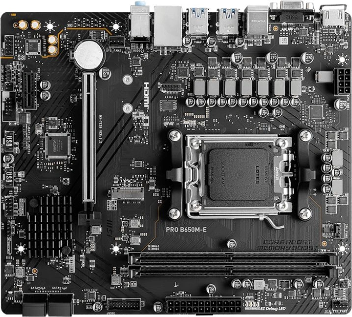 Материнская плата MSI PRO B650M-E B650, AM5, 2*DDR5, 1*PCIEx16, 1*PCIEx1, 1*M.2, 6*USB3.2Gen1, 6*USB2.0, 4*SATA3.0, 1G, VGA, HDMI, M-ATX, RTL