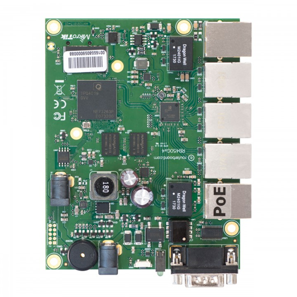 Маршрутизатор MikroTik RouterBOARD 450Gx4 with four core 716MHz Atheros CPU, 1 GB RAM, 5 Gigabit LAN ports, PoE OUT on port #5, RouterOS L5