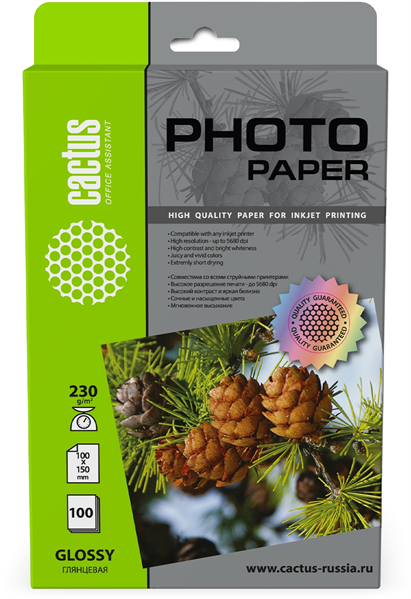 Фотобумага Cactus CS-GA6230100 10x15/230г/м2/100л./белый глянцевое для струйной печати
