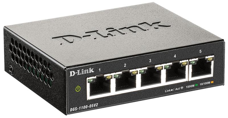 Коммутатор D-Link DGS-1100-05V2/A1A, L2 Smart Switch with 5 10/100/1000Base-T ports2K Mac address, 802.3x Flow Control,32 802.1Q VLAN, VID range 1-4094, Jumbo  9216 bytes, IGMP Snooping, Loopback Detection, Cab