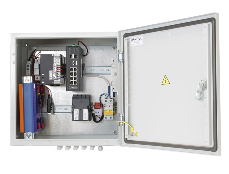 Уличный коммутатор OSNOVO OS-44TB1(SW-80802/ILS(port 90W)) Уличный управляемый (L2+) коммутатор на 10 портов с термостабилизацией, резервным питанием и функцией мониторинга температуры/влажности/напряжения на базе уличн