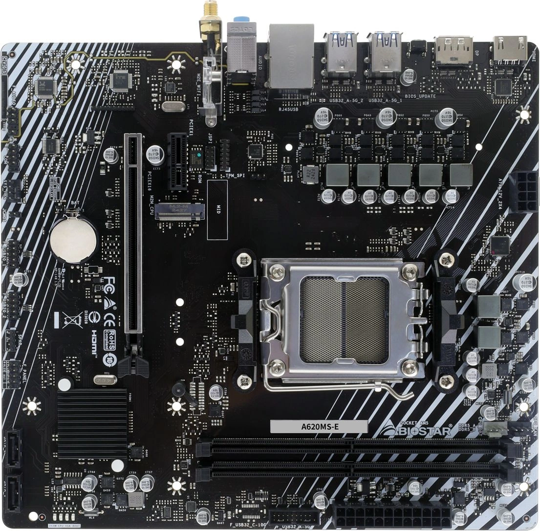 Материнская плата Biostar A620MS-E Socket AM5 AMD A620A 2xDDR5 mATX AC`97 8ch(7.1) GbLAN RAID+HDMI+DP Материнская плата Biostar A620MS-E Socket AM5 AMD A620A 2xDDR5 mATX AC`97 8ch(7.1) GbLAN RAID+HDMI+DP