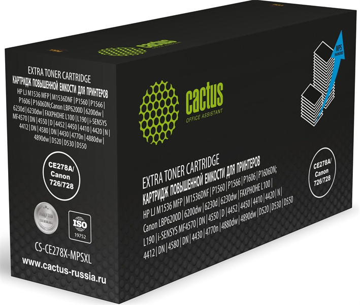 Картридж лазерный Cactus CS-CE278X-MPSXL CE278A/Canon 726/728 черный (8000стр.) для HP LJ M1536 MFP/M1536DNF/P1560/P1566/P1606/P1606DN;Canon LBP6200D/6200dw/6230d/6230dw/FAXPHOHE L100/L190/i-SENSYS MF4570/DN/4550/D/445 Картридж лазерный Cactus CS-CE278X-MPSXL CE278A/Canon 726/728 черный (8000стр.) для HP LJ M1536 MFP/M1536DNF/P1560/P1566/P1606/P1606DN;Canon LBP6200D/6200dw/6230d/6230dw/FAXPHOHE L100/L190/i-SENSYS MF4570/DN/4550/D/445