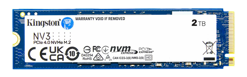 Твердотельный накопитель Kingston SSD 2TB NV3 M.2 2280 NVMe Gen4x4 R6000/W5000MB/s MTBF 2M 640TBW Retail 1 Year Warrаnty Твердотельный накопитель Kingston SSD 2TB NV3 M.2 2280 NVMe Gen4x4 R6000/W5000MB/s MTBF 2M 640TBW Retail 1 Year Warrаnty