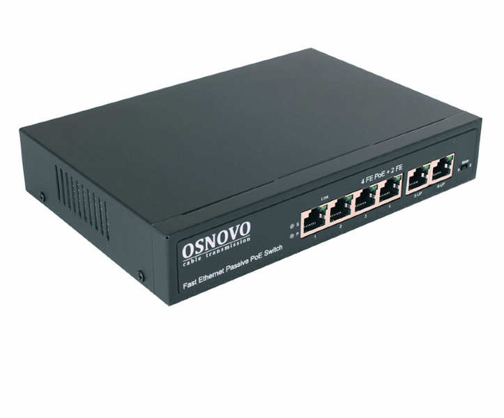 PoE Коммутатор OSNOVO SW-20600/A(80W) Passive PoE коммутатор Fast Ethernet на 6 портов. Порты: 4 х FE (10/100 Base-T, 52V 4,5(+) 7,8(–)) совместимы с PoE (IEEE 802.3af/at), 2 x FE (10/100 Base-T) Uplink. Совместим с