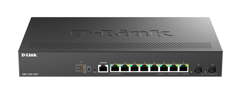Коммутатор D-Link Управляемый L2 PoE-коммутатор, 8x2.5GBase-T PoE, 2x10GBase-X SFP+, PoE-бюджет 240 Вт, защита от статического электричества до 6 кВ, CLI, консольный порт RJ-45 Коммутатор D-Link Управляемый L2 PoE-коммутатор, 8x2.5GBase-T PoE, 2x10GBase-X SFP+, PoE-бюджет 240 Вт, защита от статического электричества до 6 кВ, CLI, консольный порт RJ-45