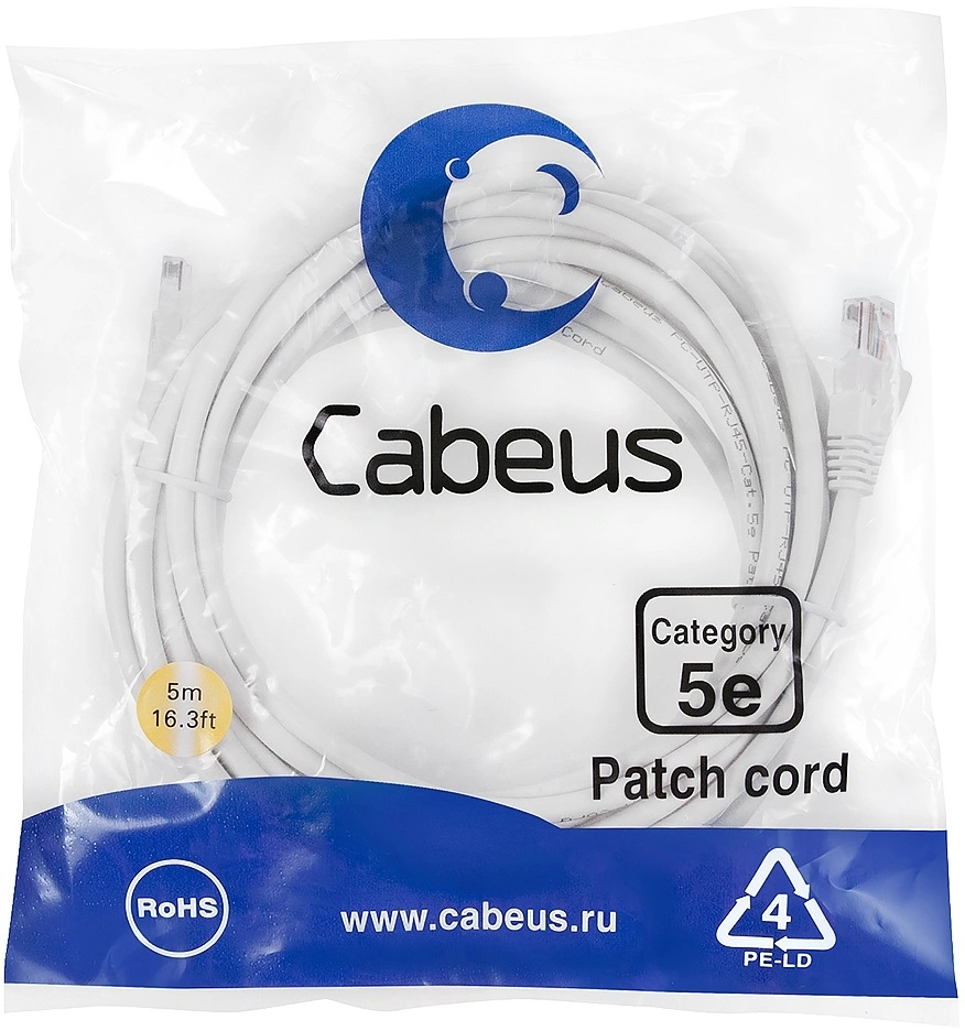 Патч-корд Cabeus PC-UTP-RJ45-Cat.5e-5m-WH U/UTP RJ-45 вил.-вилка RJ-45 кат.5E 5м белый ПВХ Патч-корд Cabeus PC-UTP-RJ45-Cat.5e-5m-WH U/UTP RJ-45 вил.-вилка RJ-45 кат.5E 5м белый ПВХ