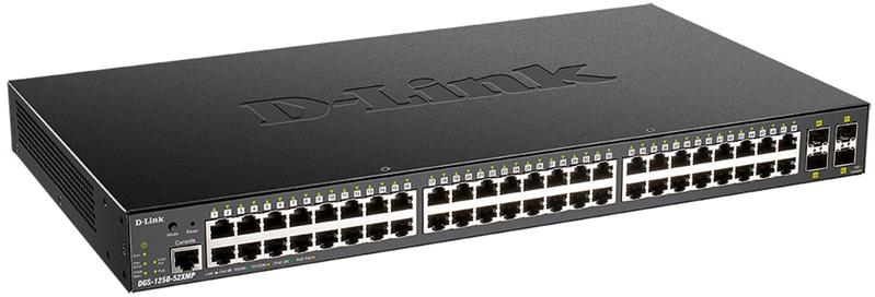 Коммутатор D-Link DGS-1250-52XMP/A1A, L2 Smart Switch with 48 10/100/1000Base-T ports and 4 10GBase-X SFP+ ports (48  PoE ports 802.3af/802.3at (30 W), PoE Budget 370W).16K Mac address, 802.3x Flow Control, 4K