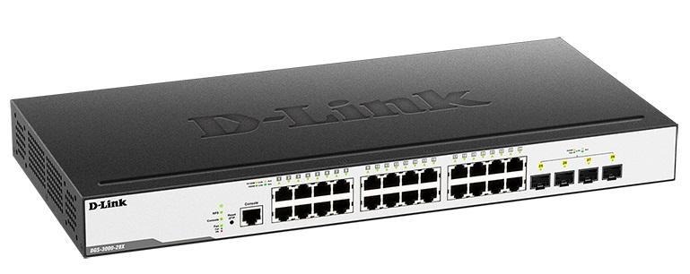 Коммутатор D-Link DGS-3000-28X/B, L2 Managed Switch with 24 10/100/1000Base-T ports and 4 10GBase-X SFP+ ports.16K Mac address, 802.3x Flow Control, 4K of 802.1Q VLAN, VLAN Trunking, 802.1p Priority Queues, Tra