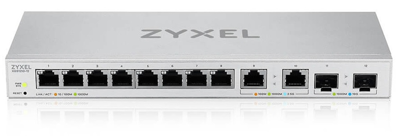 Коммутатор Мультигигабитный Smart L2 Zyxel XGS1210-12, 8xGE, 2x1/2,5GE, 2xSFP+, настольный, бесшумный