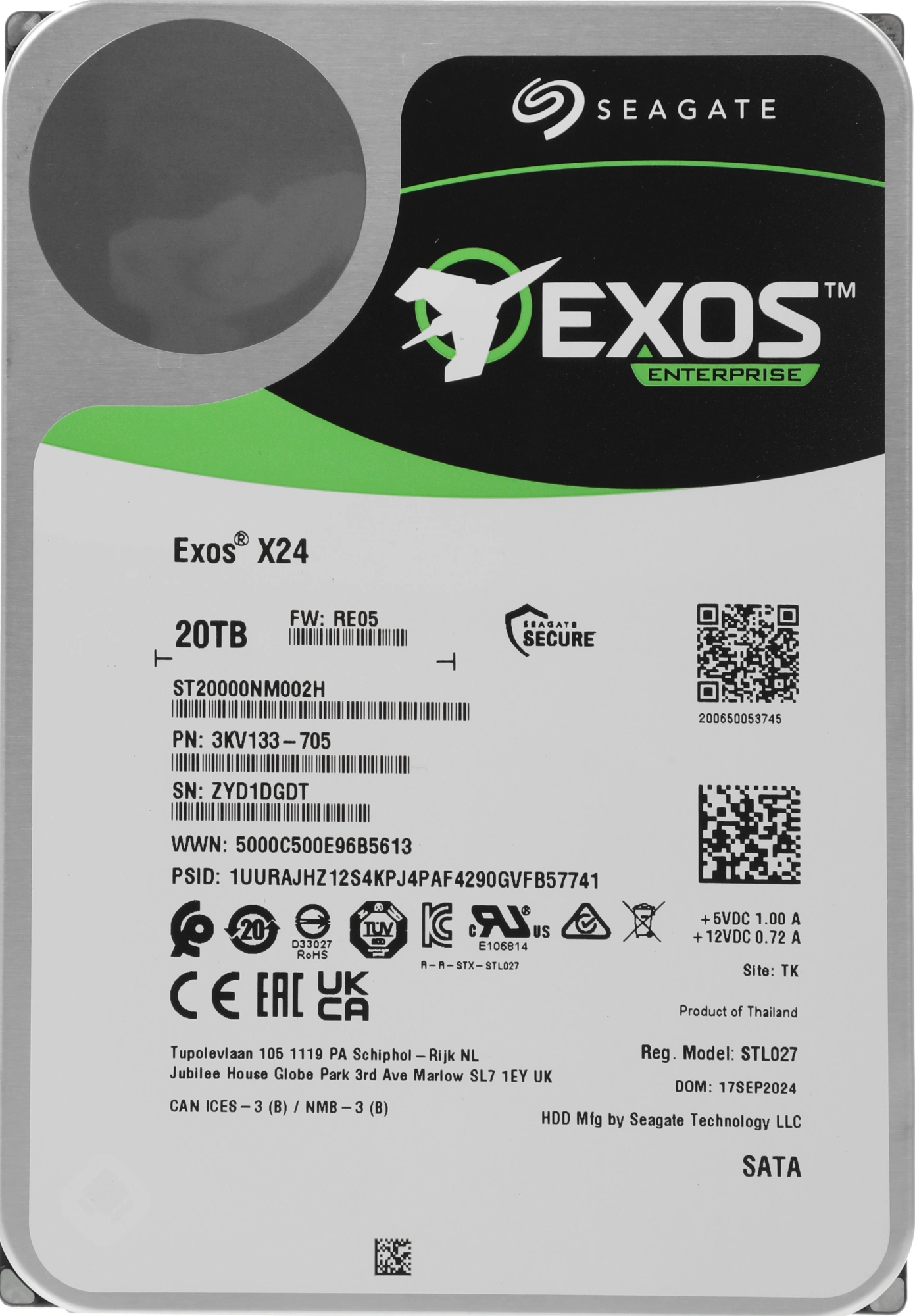 Жесткий диск серверный Seagate ST20000NM002H 3.5" 20TB Exos х24 7200RPM 6GB/S 512MB