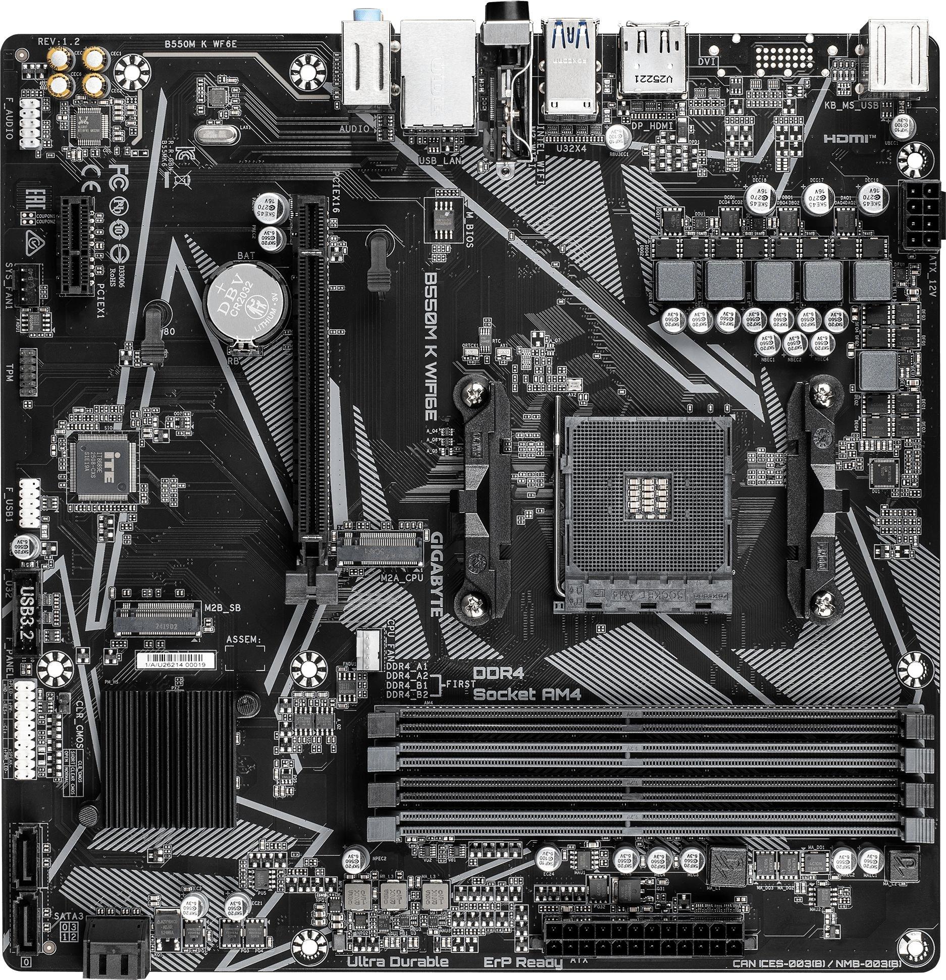 Материнская плата Gigabyte B550M K WIFI6E B550, AM5, 4xDDR4, 1*PCI-Ex16,2*M.2, 6*USB3.2Gen1, 6*USB2.0, 4*SATA3.0, 1G, DP, HDMI, ATX, RTL Материнская плата Gigabyte B550M K WIFI6E B550, AM5, 4xDDR4, 1*PCI-Ex16,2*M.2, 6*USB3.2Gen1, 6*USB2.0, 4*SATA3.0, 1G, DP, HDMI, ATX, RTL