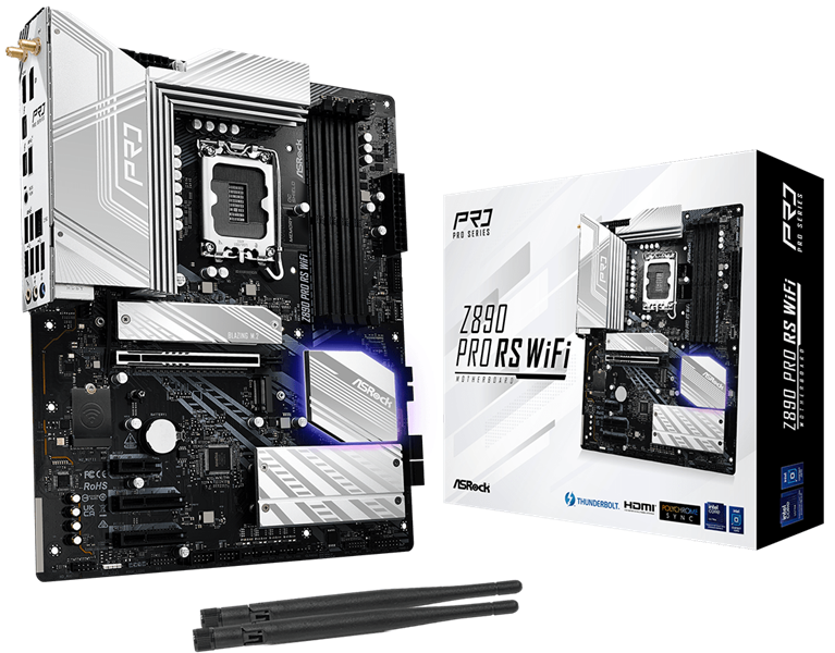 материнская плата ASROCK Z890 PRO RS WIFI, LGA1851, Z890, 4*DDR5, 4*SATA, 4*M.2, 3*USB 3.2, 4*USB 2.0, 2*Type-C, 1*PCIx16, 2*PCIx4, 1*M.2 (Key E), HDMI+DP, ATX