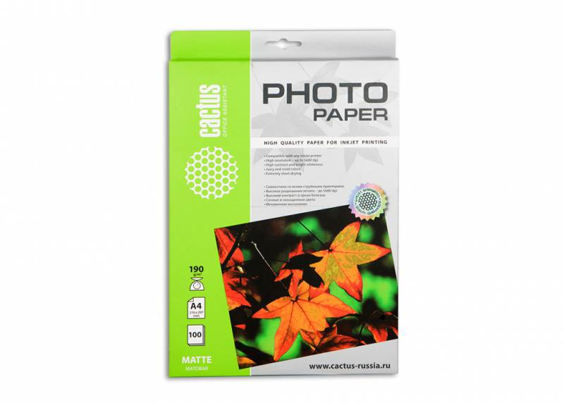 Фотобумага Cactus CS-MA4190100 A4/190г/м2/100л./белый матовое для струйной печати Фотобумага Cactus CS-MA4190100 A4/190г/м2/100л./белый матовое для струйной печати