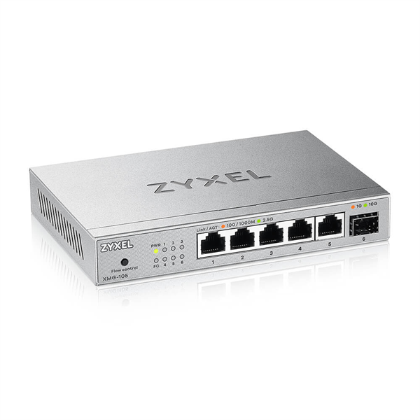 Коммутатор Мультигигабитный коммутатор Zyxel XMG-105, 5xRJ-45: 1/2.5G, 1xSFP+, настольный, бесшумный Коммутатор Мультигигабитный коммутатор Zyxel XMG-105, 5xRJ-45: 1/2.5G, 1xSFP+, настольный, бесшумный