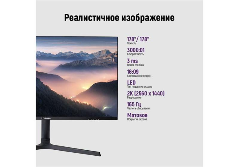 Монитор IRBIS NOBLEVIEW 32'' LED Monitor 2560x1440, 16:9, VA, 300 cd/m2, 3000:1, 3ms, HDMI, DPх2, USB, Audio output, PJack 165Hz, Height, Tilt, Swiv, Pivot, внешн. бп, VESA 100x100, Black (скол на подставке)