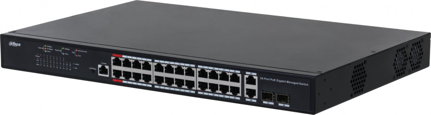 Сетевое оборудование DAHUA 24-портовый гигабитный управляемый коммутатор с PoE, уровень L2Порты: 24 RJ45 10/100/1000Мбит/с; IEEE802.3af/IEEE802.3at/Hi-PoE/IEEE802.3bt, 2 комбинированных SFP/RJ45 10/100/1000Мбит/с (uplink