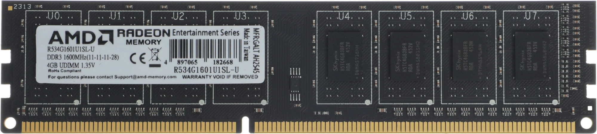 Модуль памяти AMD Radeon 4GB DDR3L 1600 DIMM R5 Entertainment Series Black R534G1601U1SL-U Non-ECC, CL11, 1.35V, R534G1601U1SL-U RTL (182668)