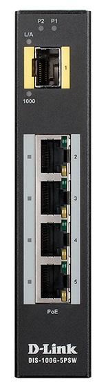Коммутатор D-Link DIS-100G-5PSW/A1A, L2 Unmanaged Industrial Switch with 4 10/100/1000Base-T ports and 1 1000Base-X SFP ports (4 PoE ports 802.3af/802.3at (30 W), PoE Budget 120 W)2K Mac address, Jumbo Frame 9K