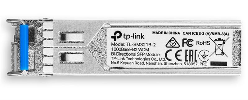  TP-Link 1000Base-BX WDM Двунаправленный SFP-модуль, TX: 1310 нм, RX: 1550 нм, 1 симплексный разъём LC, расстояние передачи до 2 км по кабелю SMF 9/125 мкм (одномодовое волокно)