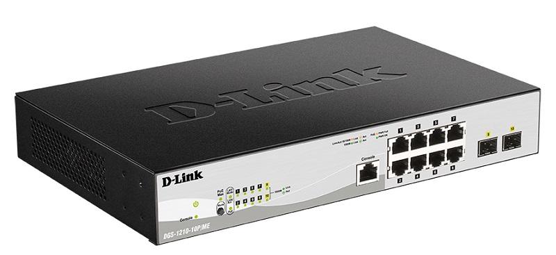 Коммутатор D-Link DGS-1210-10P/ME/B1A, L2 Managed Switch with  8 10/100/1000Base-T ports and 2 1000Base-X SFP ports (8 PoE ports 802.3af/802.3at (30 W), PoE Budget 78 W).16K Mac address, 802.3x Flow Control, 4K