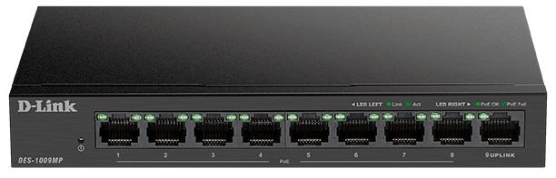 Коммутатор D-Link DES-1009MP/A1A, L2 Unmanaged Switch with 8 10/100Base-TX ports and 1 10/100/1000Base-T port (8 PoE ports 802.3af/802.3at(30W), PoE budget 117W).2K Mac address, Auto-sensing, Auto MDI/MDIX adjus
