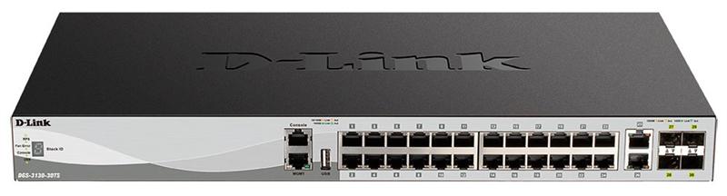 Коммутатор D-Link DGS-3130-30TS/B1A, PROJ L2+ Managed Switch with 24 10/100/1000Base-T ports and 2 10GBase-T ports and 4 10GBase-X SFP+ ports.16K Mac address, SIM,  USB port, IPv6, SSL v3, 802.1Q VLAN,GVRP, 80