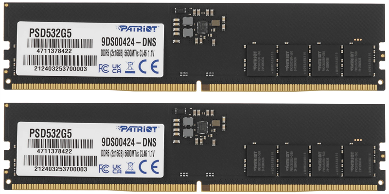 Оперативная память Patriot SL DDR5 DIMM 32GB 5600MHz CL46 KIT 2*16GB 40-40-40-77 1.1V Оперативная память Patriot SL DDR5 DIMM 32GB 5600MHz CL46 KIT 2*16GB 40-40-40-77 1.1V