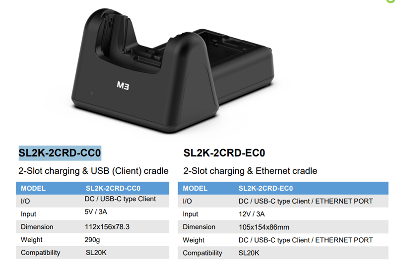 Двухслотовый зарядный и коммуникационный кредл M3 Mobile ASSY: SL20K 2-Slot charging USB(Client) cradle for 1xSL20K 1xSL20K spare battery. Requires power supply (SL20-PWSP-2EU sold separately)