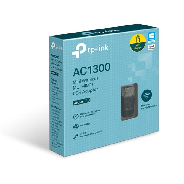  TP-Link Archer T3U, AC1300 Двухдиапазонный мини Wi-Fi USB адаптер, до 400 Мбит/с на 2,4 ГГц + до 867 Мбит/с на 5 ГГц, USB 3.0ОСОБЕННОСТИ: MU-MIMO