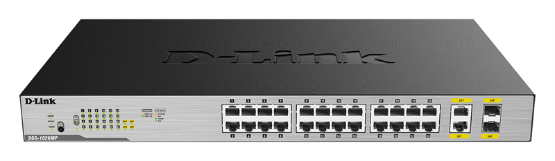 Коммутатор D-Link Неуправляемый PoE-коммутатор, 24x1000Base-T PoE, 2xCombo 1000Base-T/SFP, PoE-бюджет 370 Вт, корпус металл Коммутатор D-Link Неуправляемый PoE-коммутатор, 24x1000Base-T PoE, 2xCombo 1000Base-T/SFP, PoE-бюджет 370 Вт, корпус металл