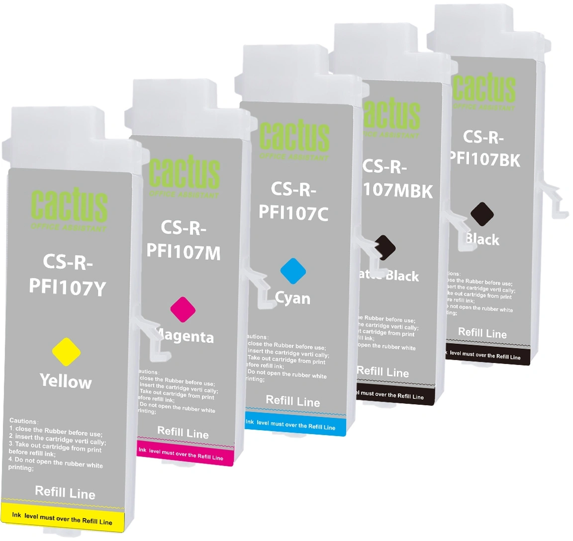 Картридж перезаправляемый струйный Cactus CS-R-PFI107SET черный/черный матовый/голубой/желтый/пурпурный набор 5шт.упак. для Canon imageProGRAF iPF670/680/685/770/780/785 без чипа Картридж перезаправляемый струйный Cactus CS-R-PFI107SET черный/черный матовый/голубой/желтый/пурпурный набор 5шт.упак. для Canon imageProGRAF iPF670/680/685/770/780/785 без чипа