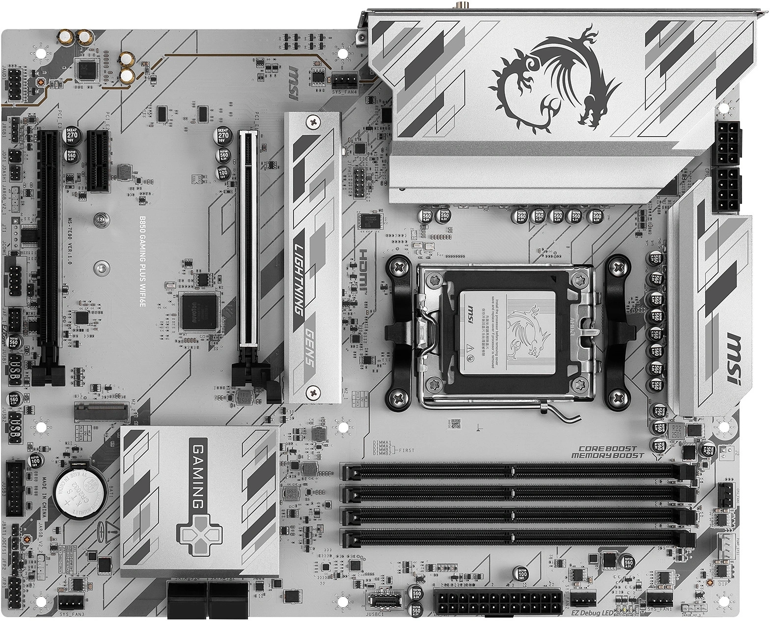 Материнская плата MSI B850 GAMING PLUS WIFI6E B850, AM5, 4*DDR5, 2*PCIEx16, 1*PCIEx1, 2*M.2, 2*TypeC, 3*USB3.2Gen2, 6*USB3.2Gen1, 4*USB2.0, 4*SATA3.0, 2.5G, DP, HDMI, ATX, RTL