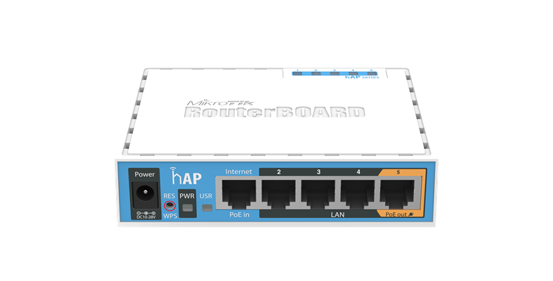 Точка доступа wi-fi MikroTik hAP with 650MHz CPU, 64MB RAM, 5xLAN, built-in 2.4Ghz 802.11b/g/n 2x2 two chain wireless with integrated antennas, USB, RouterOS L4, desktop case, PSU