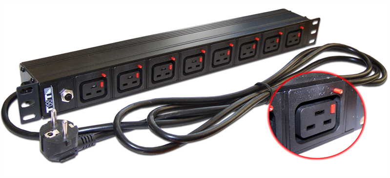 Блок розеток Блок розеток 19, 1-фазный без выключателя,16A / 250V, 8xC19 с фиксатором вилки, шнур 3.0 м, вилка Schuko
