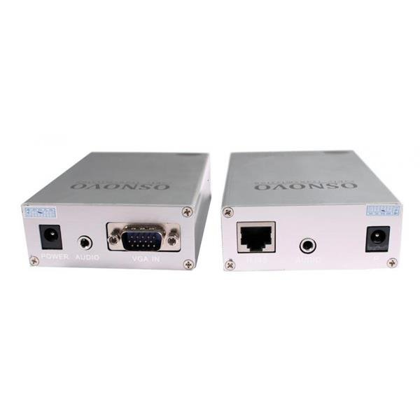 Передача VGA+аудио по кабелю витой пары OSNOVO TA-V/2+RA-V/2 Комплект (передатчик+приёмник) для передачи VGA и аудиосигнала по кабелю UTP CAT5 до 100м. Разрешение до 1920х1440. Мет. корпус. В комплекте: БП DC9V(1A) 2шт. Размеры передатчика