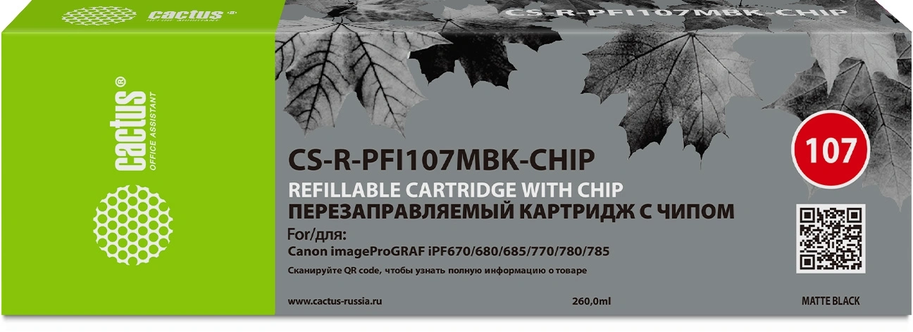 Картридж перезаправляемый струйный Cactus CS-R-PFI107MBK-CHIP черный матовый (260мл) для Canon imageProGRAF iPF670/680/685/770/780/785 с чипом Картридж перезаправляемый струйный Cactus CS-R-PFI107MBK-CHIP черный матовый (260мл) для Canon imageProGRAF iPF670/680/685/770/780/785 с чипом