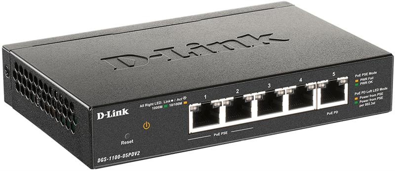 Коммутатор D-Link DGS-1100-05PDV2/A1A, L2 Smart Switch with 4 10/100/1000Base-T ports and 1 10/100/1000Base-T PD port(2 PoE ports 802.3af (15,4 W), PoE Budget 18W from 802.3at / 8W from 802.3af).2K Mac address,