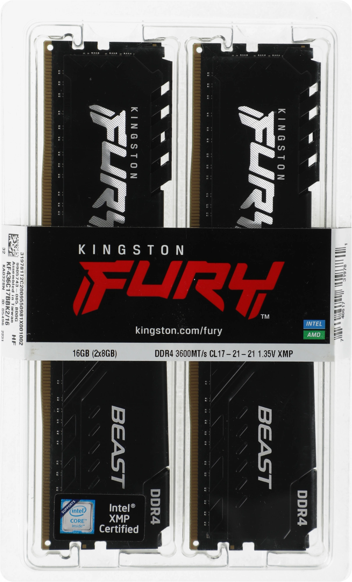 Модуль памяти Kingston FURY Beast Black Gaming Memory KF436C17BBK2/16 16GB DDR4 3600 DIMM Non-ECC, CL17, 1.35V, 1Gx8 (Kit of 2), RTL {25} (319781) Модуль памяти Kingston FURY Beast Black Gaming Memory KF436C17BBK2/16 16GB DDR4 3600 DIMM Non-ECC, CL17, 1.35V, 1Gx8 (Kit of 2), RTL {25} (319781)