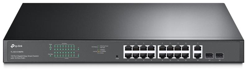  TP-Link TL-SG1218MPE, 18-портовый гигабитный PoE Easy Smart коммутатор, 16 RJ45 портов 10/100/1000Мбит/с, 2 гигабитных комбо SFP-слота, поддержка 802.3af/at PoE на портах 1-16, PoE-бюджет 250 Ватта