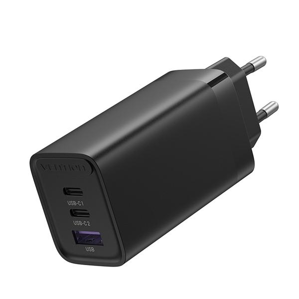 Зарядное устройство Vention 3-port USB(C+C+A) GaN Charger(65W/30W/30W) EU-Plug Black